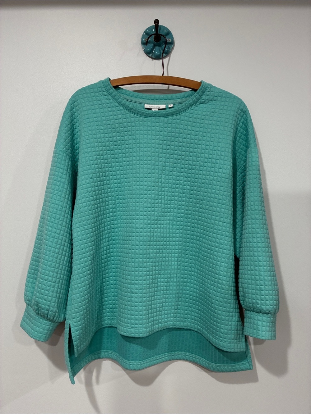 Chicos Women's Textured Crewneck Top in Teal